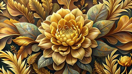 Golden floral background with luxurious dahlia and fern leaves art