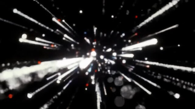 Abstract blue, white, red light points accelerate into luminous streaks, creating a hyperspeed warp tunnel through deep space. Sleek cutting-edge sci-fi aesthetic