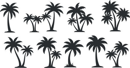 Obraz premium A collection of black silhouette palm trees ideal for tropical and beach-themed designs.