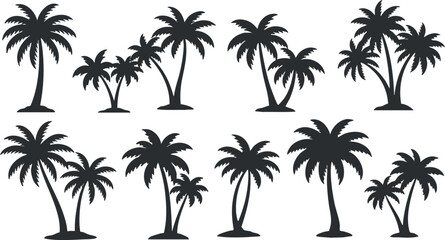 Obraz premium Silhouettes of palm trees in various sizes and shapes, ideal for tropical-themed designs.