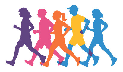 A group of people are running in a line. The people are in different colors and are running in different directions. Vector. 