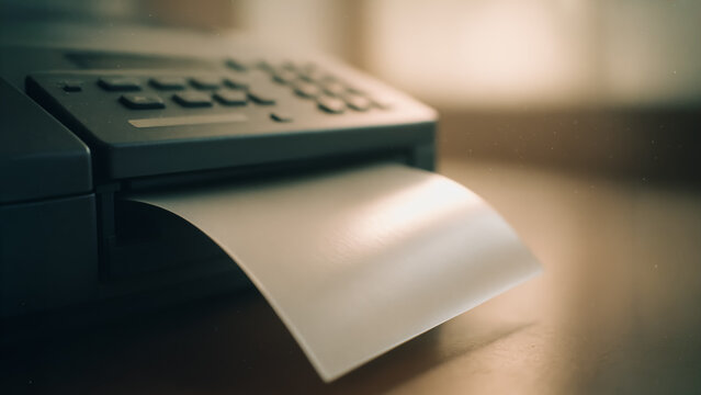A vintage fax machine spews out a printed page, capturing a bygone era of office technology and communication.