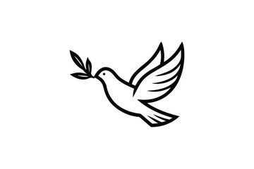 Minimalist line art of a dove flying upwards holding an olive branch