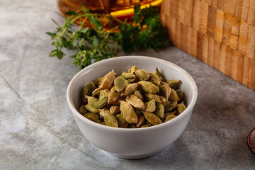 Green dry cardamom heap spices aroma