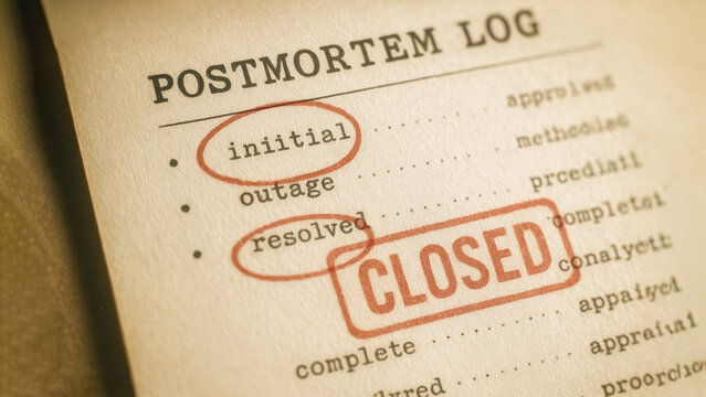 An old vintage postmortem log marked initial outage, resolved, and closed, showing completion and closure in a business setting.