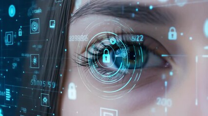 Close-up of a female eye with digital security interface, showcasing biometric technology and data protection concepts, emphasizing privacy and innovation in modern security systems - Powered by Adobe