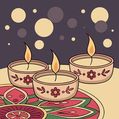 Candle light and bokeh background celebrate Indian Holiday Diwali. 