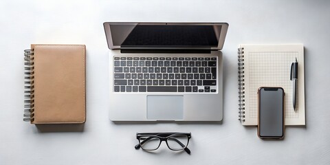 Minimalist Flat Lay Workspace with Laptop, Notebooks, and Essentials

