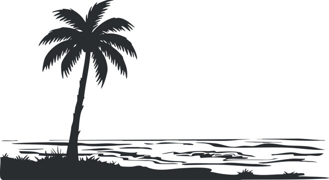 A silhouette of a palm tree beside the ocean, ideal for tropical beach themes.