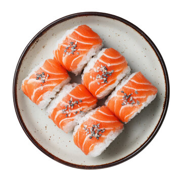 Overhead view of six pieces of nigiri sushi on a speckled plate, against a black background