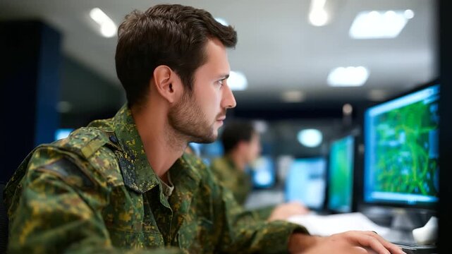 Army experts in a server room deploy AI on a green screen PC for defense modernization using generic tactical dashboards; uniforms display generic non identifiable patches