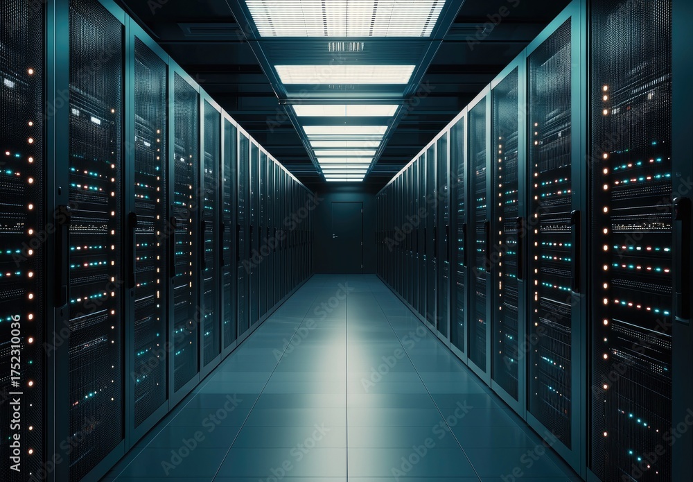 Wall mural futuristic it data center corridor with glowing server racks and illuminated ceiling lights, ideal f