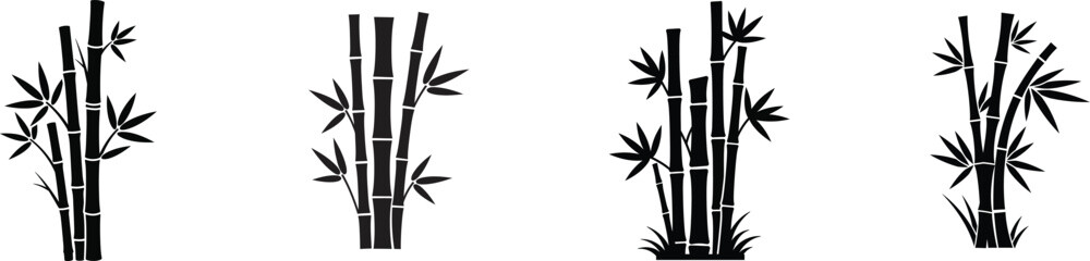 Four traditional ink wash style bamboo stalks and leaves in black and white with a natural feel silhouette