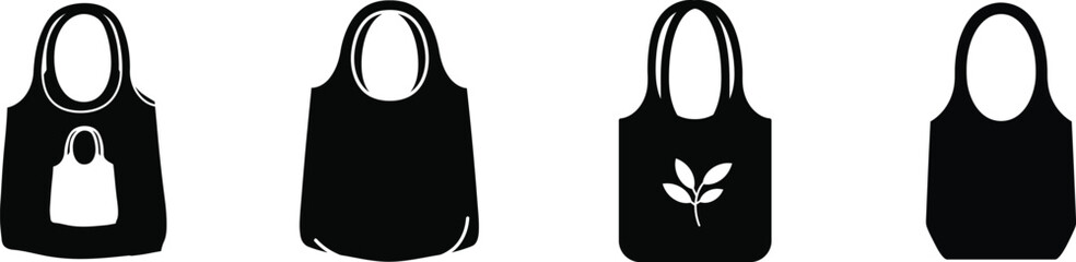 Collection of four black tote bags with subtle white graphics and text showcasing different designs and styles silhouette