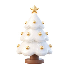 A Stylized White Christmas Tree Ornamented With Golden Baubles And A Star Topper On A Brown Base Isolated On A Transparent Background
