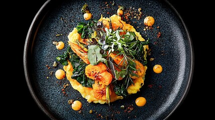 
Gourmet dish with vitamin A-rich foods, baked carrots, sweet potato puree, spinach, top view, flat lay, professional food photography, dark background