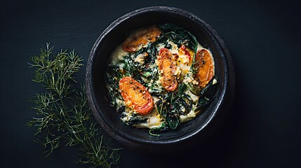 
Gourmet dish with vitamin A-rich foods, baked carrots, sweet potato puree, spinach, top view, flat lay, professional food photography, dark background