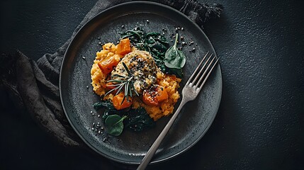 
Gourmet dish with vitamin A-rich foods, baked carrots, sweet potato puree, spinach, top view, flat lay, professional food photography, dark background