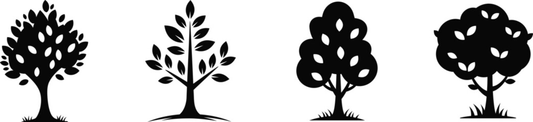 Collection of four stylized black silhouette trees on ideal for design projects silhouette
