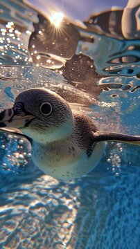 An enchanting video clip captures an adorable baby penguin's first swim in crystal-clear water, highlighting its playful and curious exploration.