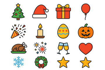 Fototapeta premium Festive holiday icons: christmas, easter, halloween, and more celebration symbols