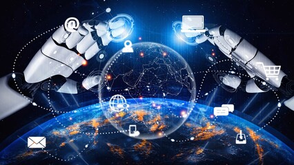 AI-assisted visualization of global communication network, showing data exchange, global connection, digital interaction, and communication network. Marrow