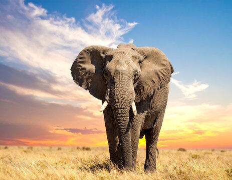 A majestic elephant strides purposefully across a golden savanna, framed by a vibrant sunset and a sky full of dramatic clouds - Powered by Adobe