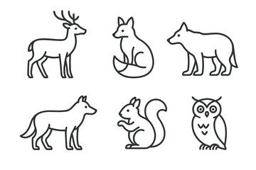 Fototapeta premium Outline illustrations of deer, fox, wolf, squirrel, and owl