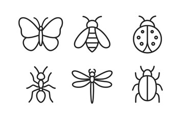 Set of simple insect icons featuring butterfly, bee, ladybug, ant, dragonfly, and beetle