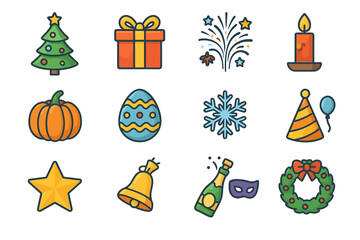 Fototapeta premium Festive holiday icons: christmas, halloween, easter, new year, celebration elements