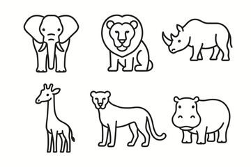 Obraz premium Minimalist line art of elephant, lion, rhinoceros, giraffe, cheetah, and hippopotamus