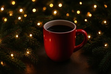 Obraz premium A Cozy Red Coffee Mug Surrounded by Christmas Lights and Greenery Creating a Warm Holiday Atmosphere Perfect for Seasonal Enjoyment and Comfort