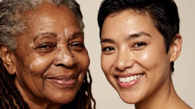 A closeup portrait of two women, one elderly with dreadlocks and vitiligo, the other younger with short dark hair, smiling together vector illustration