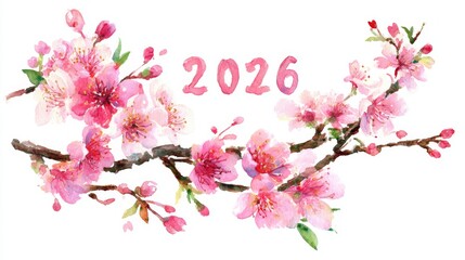 Naklejka premium Ume blossoms forming 2026 number in watercolor