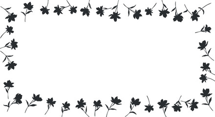 A floral border design featuring black silhouettes of flowers and leaves on a white background.