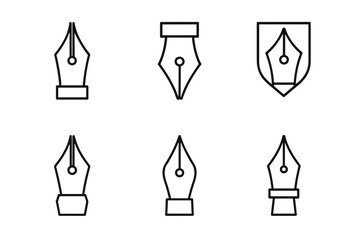 Set of six fountain pen nib icons in black outline style for writing and design