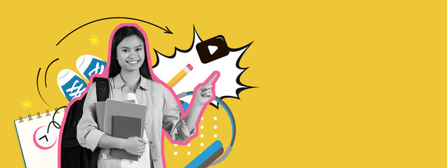 A young student stands confidently, holding notebooks and a tablet, ready for online learning. Colorful design elements surround her, symbolizing the excitement of studying at home.