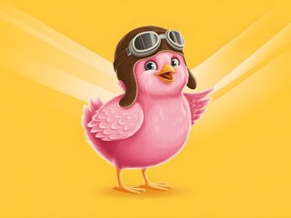 Bird Cartoon Pink Aviator Hat Playful Cheerful Illustration on Yellow Background
