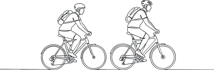 Obraz premium Two cyclists riding bicycles side by side in a simple line art style illustration