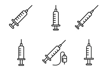 Line art collection of six syringe icons in various angles and styles