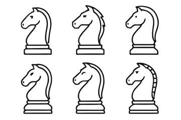 Set of six unique chess knight designs in outline style