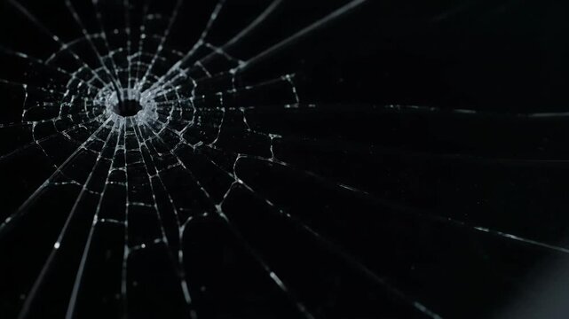 Glass Shatter Effect on Black Background - A close-up shot of shattered glass against a deep black background. The impact point is clearly visible, with cracks radiating outwards.