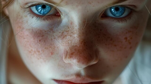 A close-up portrait of a young girl with freckles on her face