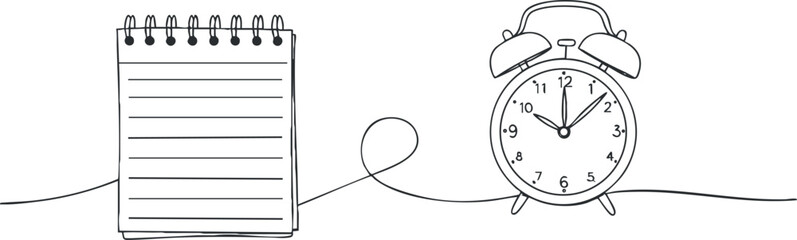 A minimalist illustration featuring a notepad and alarm clock representing time management and planning.
