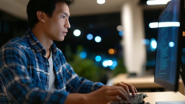 An AI startup software developer types on an PC fixing machine learning code bugs on a generic IDE screens showing algorithm progress a vibrant office AI code debugging star