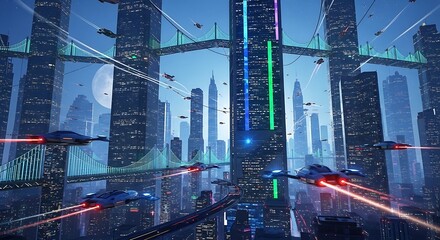 Dynamic Sci-Fi Cityscape - Streaking Light Trails, Towering Neon Skyscrapers, and a Distant Moon.