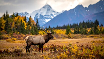 A majestic elk stands in a golden field, autumn foliage & snow-capped mountains in the backdrop. The sky is overcast