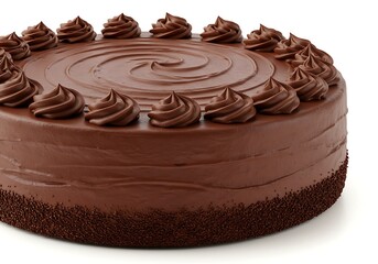 A whole round chocolate fudge cake with piped frosting rosettes and sprinkles on a white background.