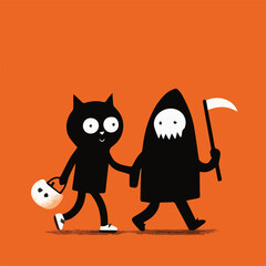 Cute Halloween cartoon characters walking together, fun modern art mascot illustration with pumpkin, werewolf and grim reaper