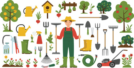 Gardening tools, horticulture, vector illustration, garden care, plants, farmer, orchard, tree, garden hose, lawn mower, watering can, rake, shovel, boots, plant growth, harvest, landscaping,